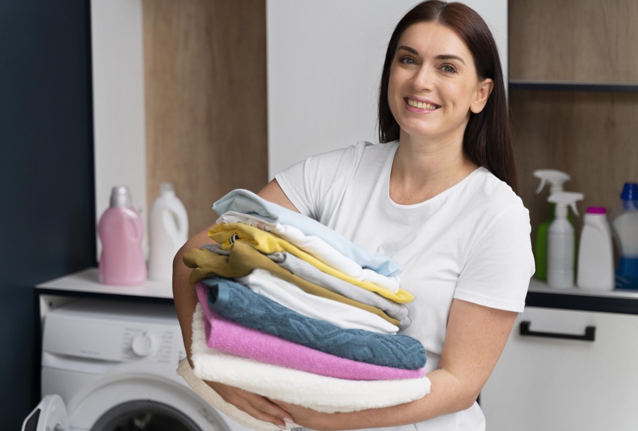 Smiling woman holding a stack of freshly washed, folded laundry